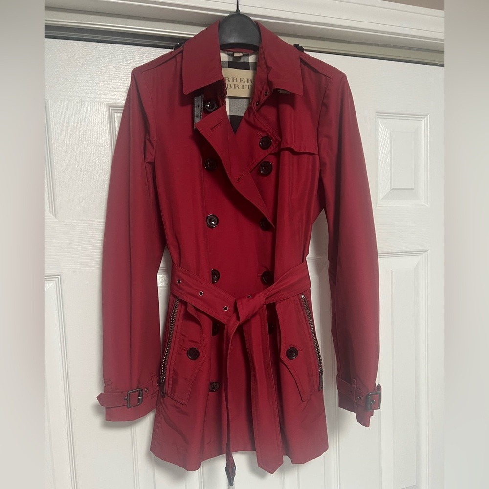 Burberry Brit red cotton blend double breasted trench coat alizarin crimson 8 - Picture 4 of 16